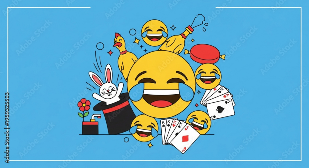 Fototapeta premium Smiling emojis playing magic tricks with cards and rabbit