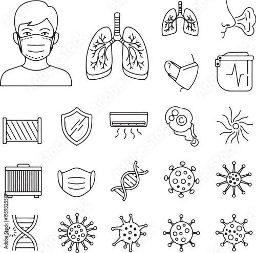 A collection of black and white line drawings depicting COVID-19 and health related icons