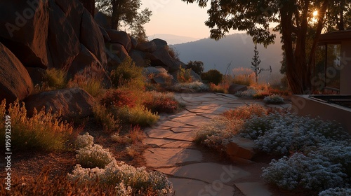 Destroyed home foundation surrounded by flame-resistant native plants that survived wildfire, contrasting burned exotic landscaping, ideal for fire-adapted communities, defensible space, and