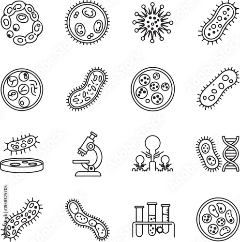 A collection of various microscopic organisms and laboratory equipment illustrations