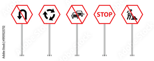 Warning road sings set. No overtaking sing, stop sing, recycle sing, no u turn sing. work in progress warning sing. Vector illustration.