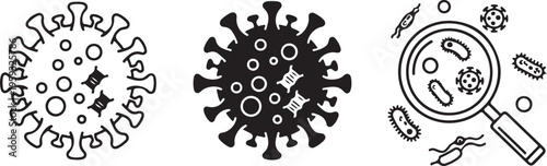 A black and white illustration of various virus and bacteria icons under a magnifying glass.
