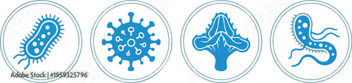 A graphic illustration of four types of microorganisms including bacteria, viruses, fungi, and parasites.