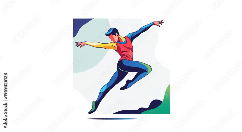 Fototapeta premium Man in colorful outfit jumping energetically outdoors with arms outstretched in dynamic motion