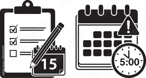 A black and white illustration of a clipboard with a checklist and a calendar with a clock and warning sign.