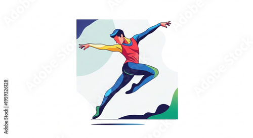 Man in colorful outfit jumping energetically outdoors with arms outstretched in dynamic motion