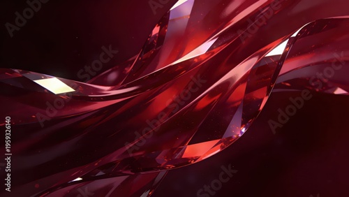 Flowing cut surfaces with burgundy crystal texture refract bright light and shadow against a dark background, presenting a high-end luxury visual atmosphere, making it a visual material image suitable