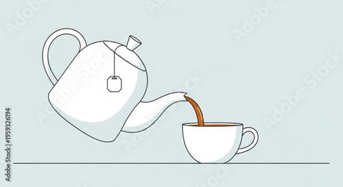 Tea pouring from teapot into cup on a table with minimalist background
