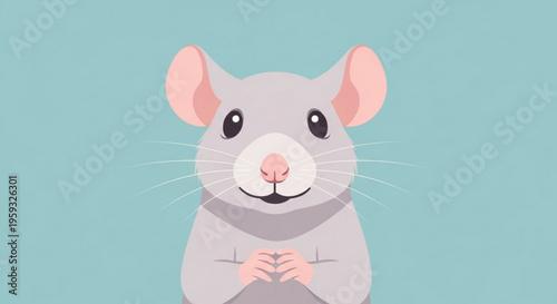 Cute gray cartoon mouse with pink ears and nose smiling on blue background