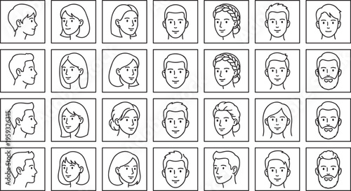 Avatar faces collection with diverse men and women portraits in square frames, hand drawn outline user profile icons set