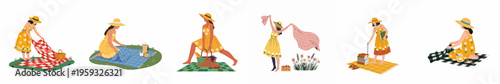 Flat illustration collection of a woman in a yellow floral dress enjoying various picnic activities on colorful blankets outdoors.