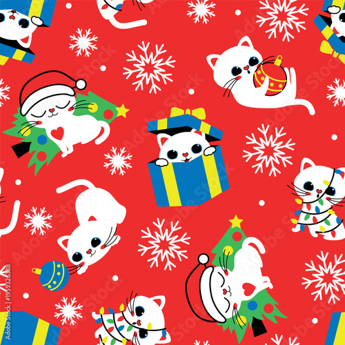 funny christmas kittens with snowflakes seamless pattern on red background. Vector illustration
