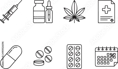 A collection of medical icons including pills, syringe, and cannabis leaf on a white background