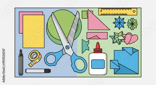 Colorful illustration of school supplies and crafting tools on a desk including scissors glue ruler and paper shapes