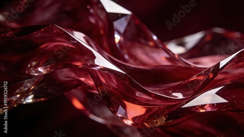 Flowing cut surfaces with burgundy crystal texture refract bright light and shadow against a dark background, presenting a high-end luxury visual atmosphere, making it a visual material image suitable