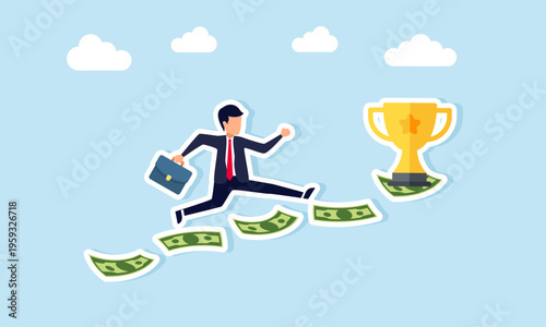 Businessman running and jumping on stacks of money to reach trophy illustration of investment strategy to achieve target and become leading company