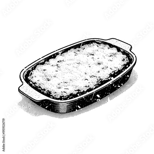 Black and white illustration of a casserole in a baking dish.