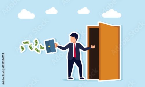 Businessman shocked as money leaking from briefcase illustration of financial loss due to poor financial management in company