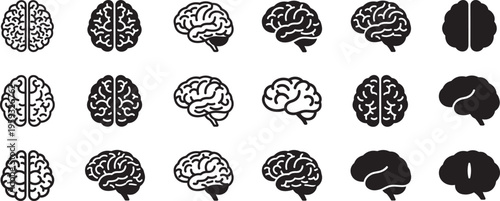Brain icons set vector illustration with human mind symbols, neuroscience and intelligence concept collection, hand drawn outline medical design