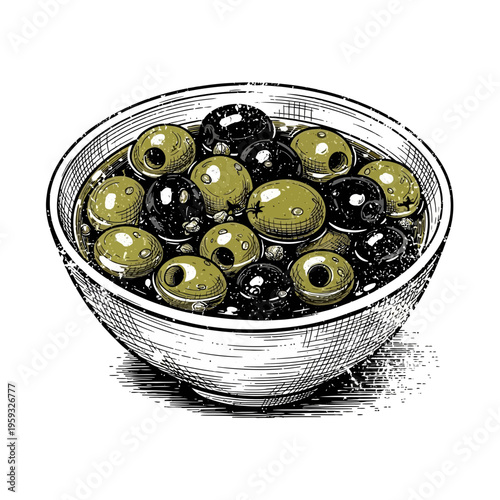 Bowl of mixed olives in brine, sketch illustration