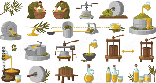 Olive oil production process icon set with harvesting, pressing, extraction, traditional and modern equipment, healthy organic food vector collection isolated on white background