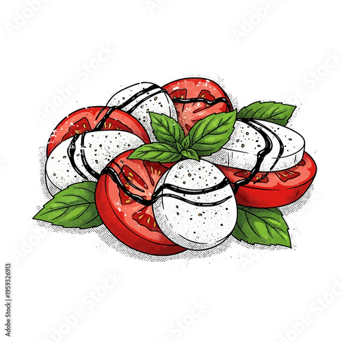 Caprese Salad Illustration: Tomatoes, Mozzarella, Basil, Balsamic Glaze