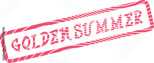 A red distressed rubber stamp effect displaying the celebratory phrase Goldensummer with a striped frame