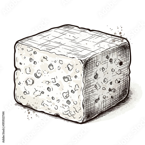 Hand-drawn block of feta cheese with scattered holes and rough texture