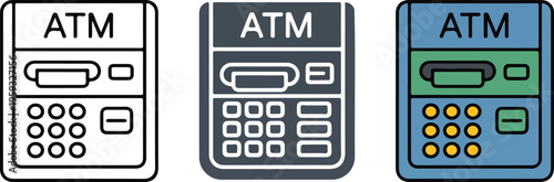 Professional ATM machine icon set featuring automated teller bank services and cash withdrawal symbols in minimalist line art styles.