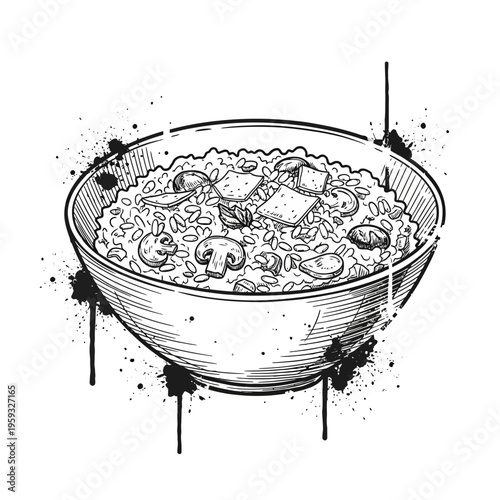 Hand-drawn bowl of risotto with mushrooms and cheese, ink splatter effect