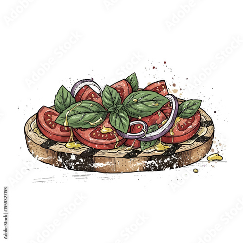 Hand-drawn bruschetta with tomatoes, basil, and onion on rustic bread, drizzled with olive oil.