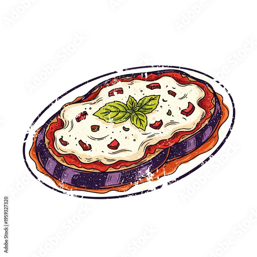 Hand-drawn Italian Eggplant Parmesan Slice with Basil