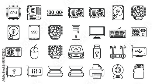 Collection of Modern Computer Hardware Icons for Digital Technology and Computing Concepts