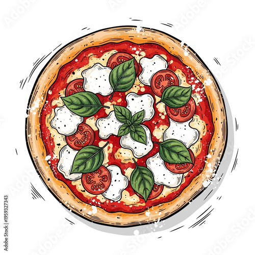 Hand-drawn Margherita Pizza illustration with fresh ingredients