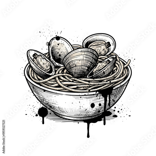 Hand-drawn pasta with clams in a bowl, ink splatter effect