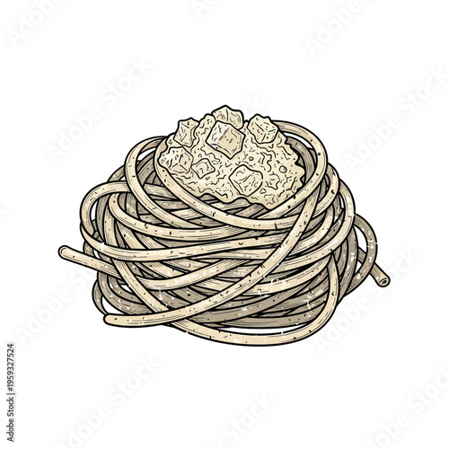 Hand-drawn pasta nest with creamy topping