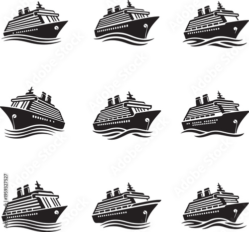 A collection of black and white cruise ship icons on a white background