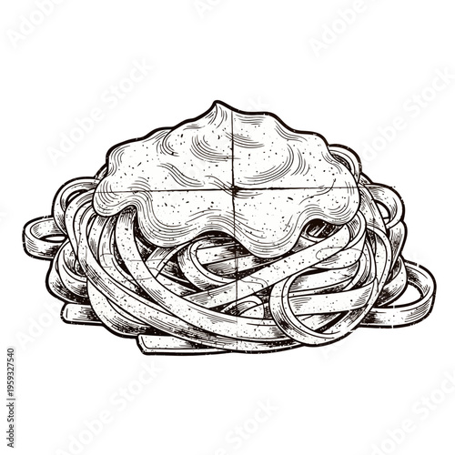 Hand-drawn pasta with creamy sauce, black and white sketch illustration.