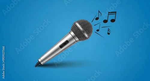 Silver microphone with music notes on blue background symbolizing music and performance