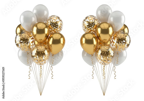 Two clusters of gold and white balloons with ribbons on isolated transparent background for party decoration