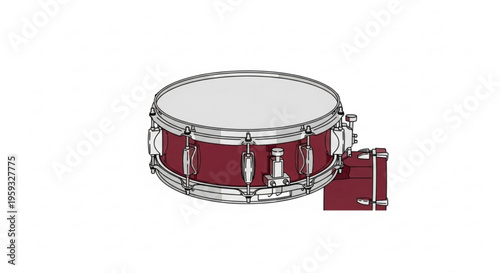 Red snare drum with silver hardware and white head on a plain background