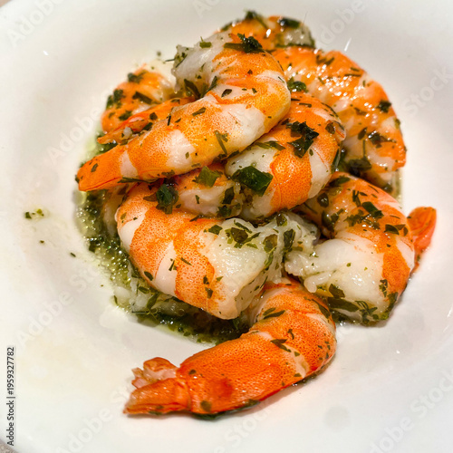  Seafood dishes, prawn and shrimp with pesto at the seafood franchise restaurant in Salzburg, Austria