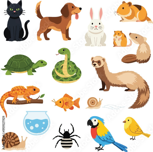 A colorful illustration of various animals, including pets and wildlife, on a white background.