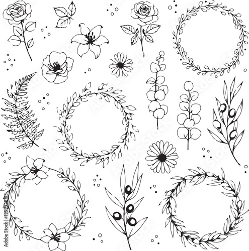 A collection of beautiful floral wreaths and illustrations on a white background