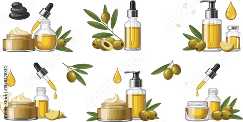 Olive oil skincare cosmetic set with serum dropper bottles, cream jars, natural ingredients and spa treatment elements vector collection isolated on white background