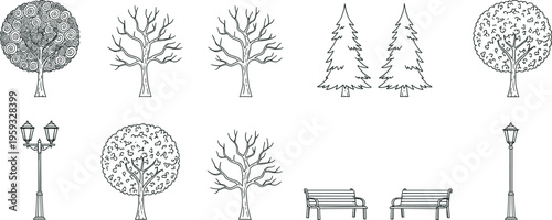 Park elements vector set with trees benches and street lamps, hand drawn outline landscape collection for outdoor urban design