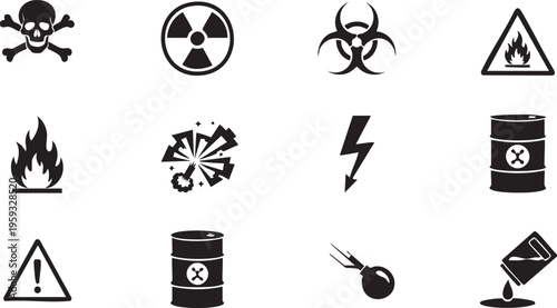 A collection of hazardous material warning symbols and signs