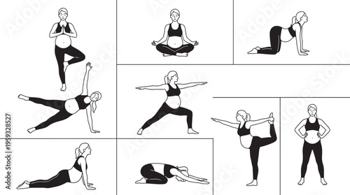 Pregnant woman yoga poses collection, prenatal fitness exercises set with stretching balance and meditation, hand drawn maternity workout vector illustration