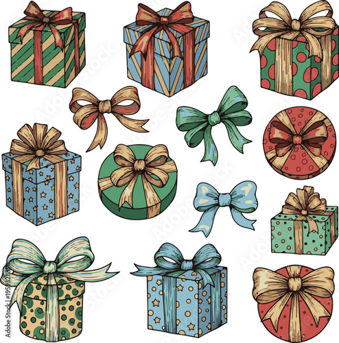 A colorful illustration of wrapped gifts with bows on a white background