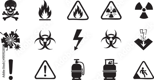Collection of hazard warning symbols and icons